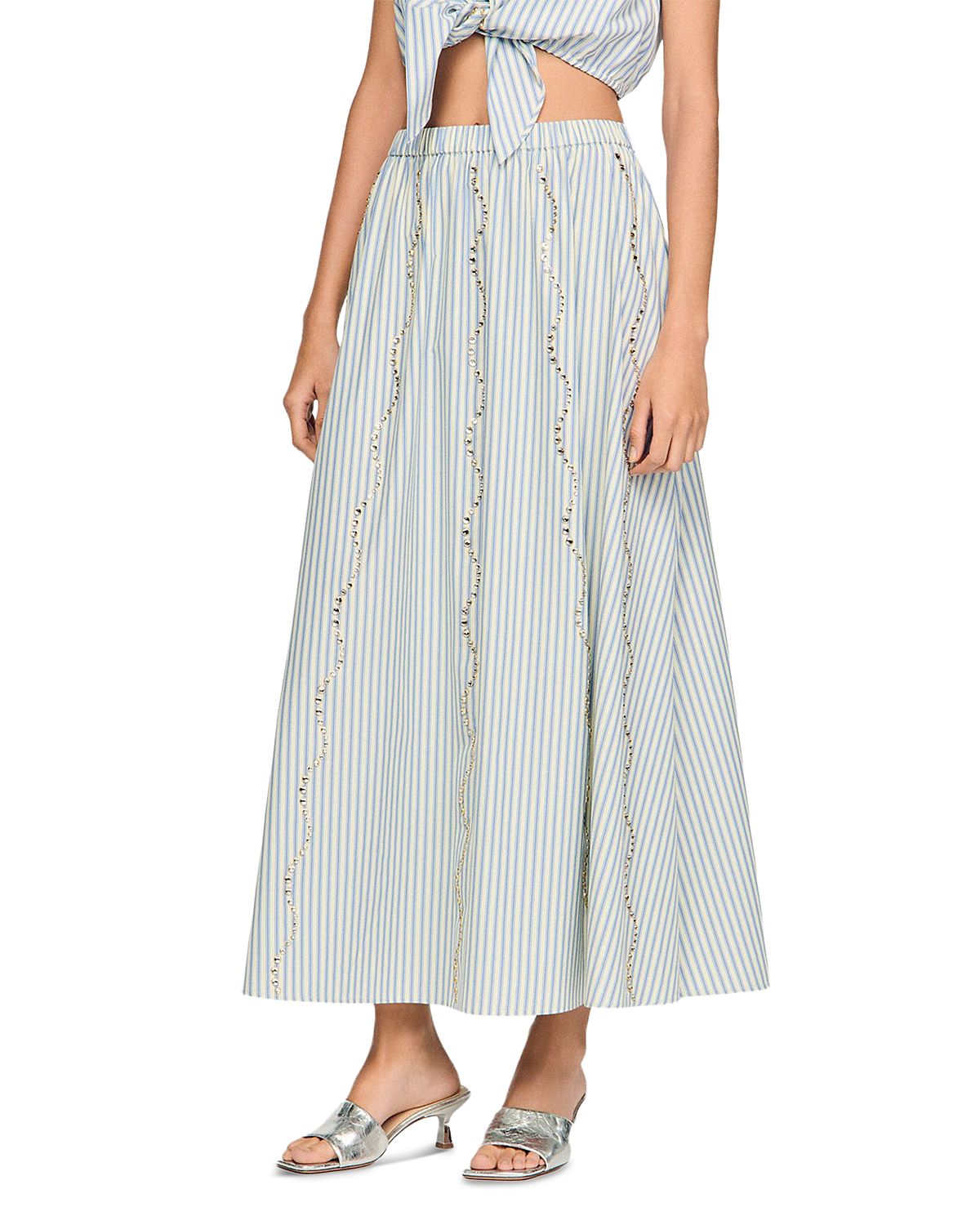 Sandro Lucia Rhinestone Trim Striped Long Skirt
