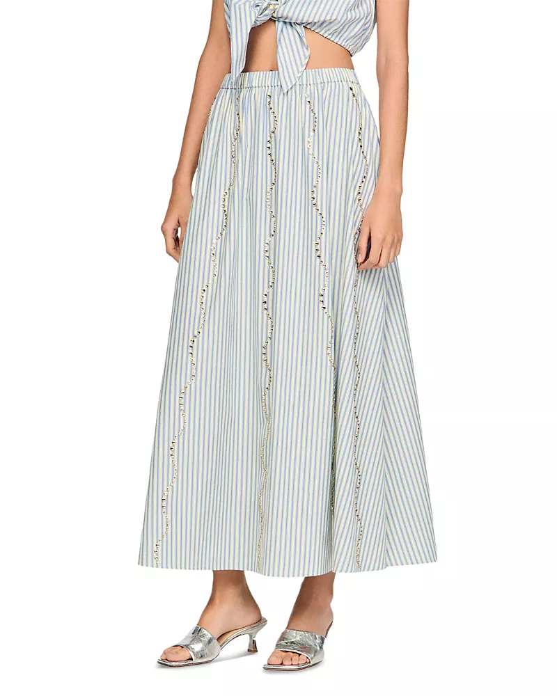 Sandro Lucia Rhinestone Trim Striped Long Skirt