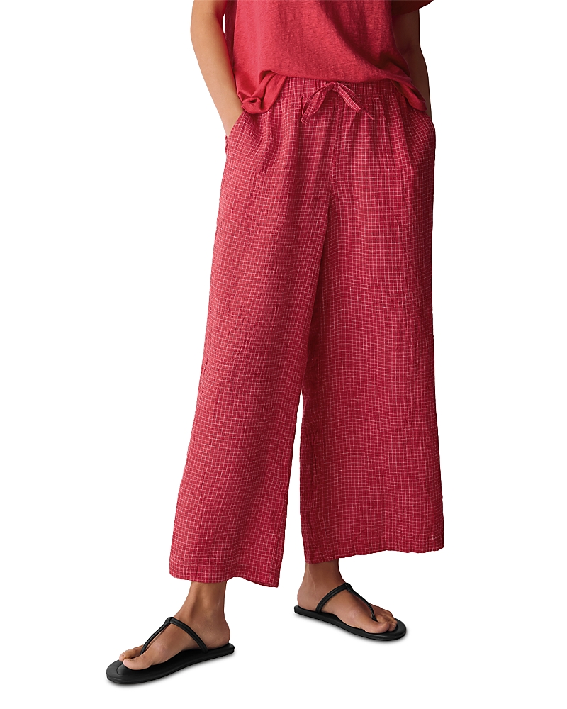 Eileen Fisher Puckered Linen Grid Wide Ankle Pants with Drawstring