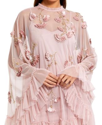 Embellished Long Flare Sleeve Mesh A-Line Dress