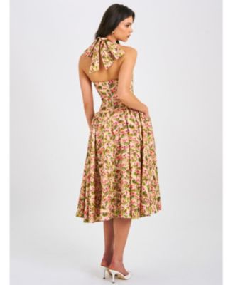  Niya Floral Print Linen Halter Corset Maxi Dress