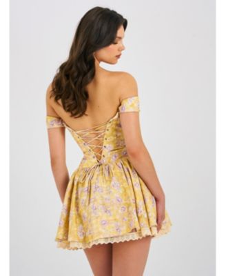  Oana Floral Print Linen Collared Off Shoulder Mini Dress