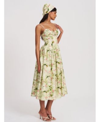  Jacinda Floral Print Ruched Breast Linen Midi Dress