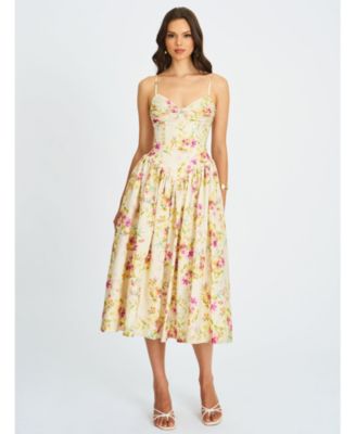  Jacinde Drop Waist Floral Print Linen Midi Dress
