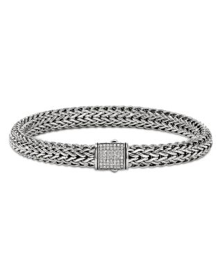 Sterling Silver Icon Diamond Pav&eacute; Clasp Woven Bracelet, 7.5mm