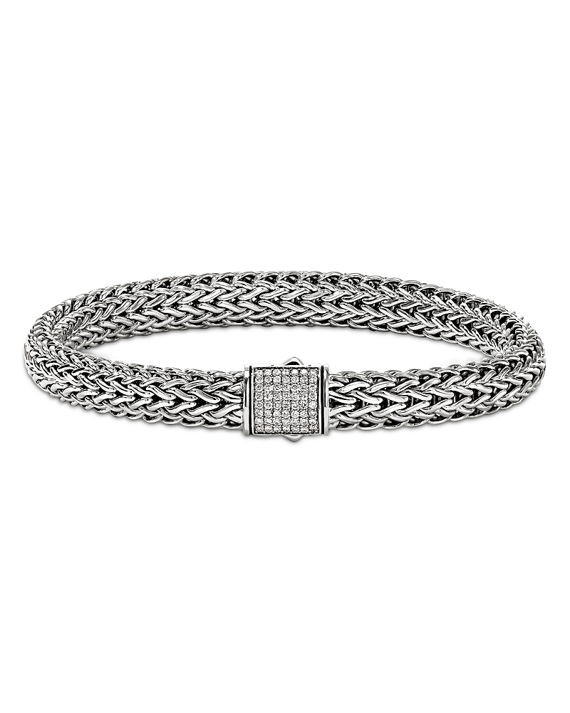 John Hardy Sterling Silver Icon Diamond Pave Clasp Woven Bracelet, 7.5mm · Large