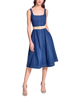 Faux Denim Midi Belted Dress
