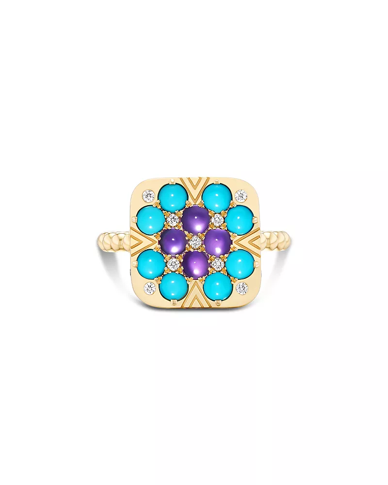 Harwell Godfrey 18K Yellow Gold 1975 Multi Gemstone & Diamond Granny Squares Iris Ring