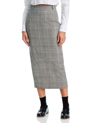 Windowpane Teviot Tweed Calf Length High Waisted Belt Loop Pencil Skirt