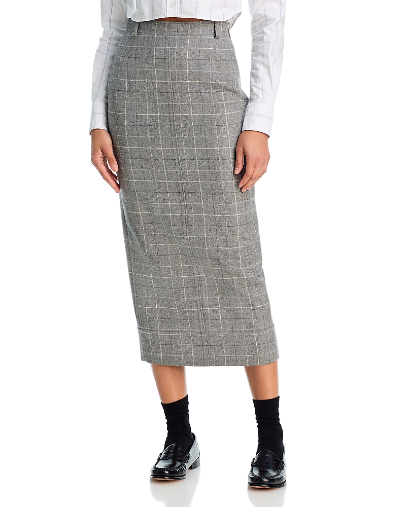 Thom Browne Windowpane Teviot Tweed Calf Length High Waisted Belt Loop Pencil Skirt