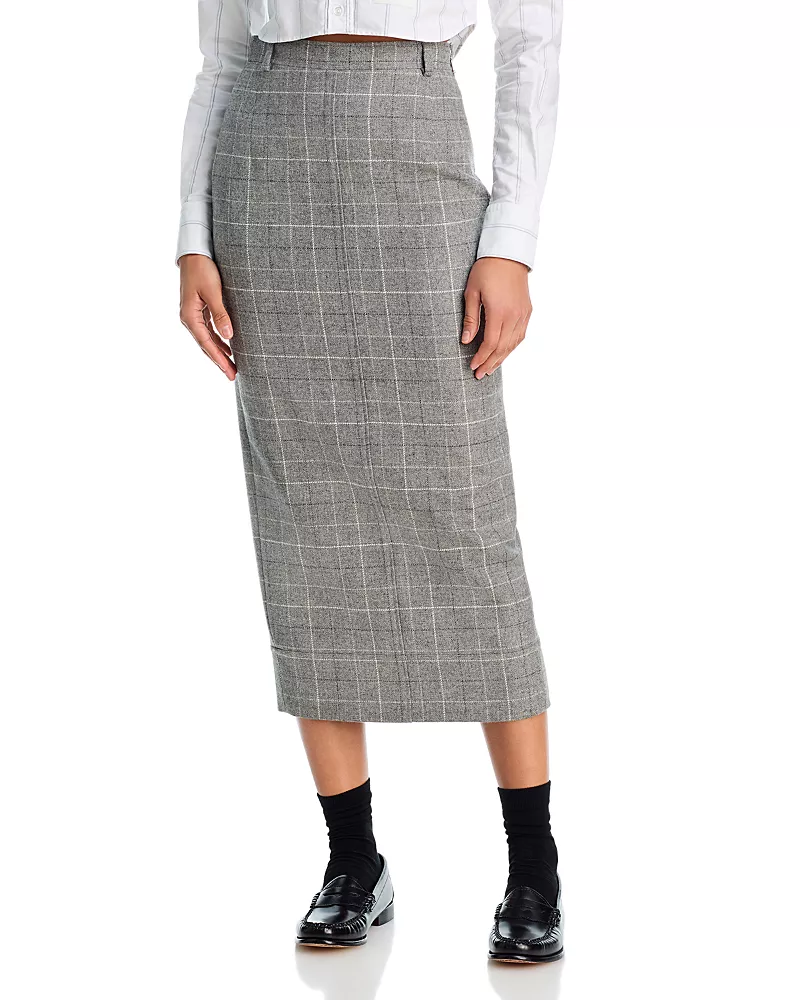 Thom Browne Windowpane Teviot Tweed Calf Length High Waisted Belt Loop Pencil Skirt