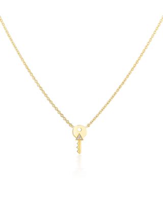 18K Yellow Gold 1975 Diamond Accent Tiny Key Pendant Necklace, 16-18"