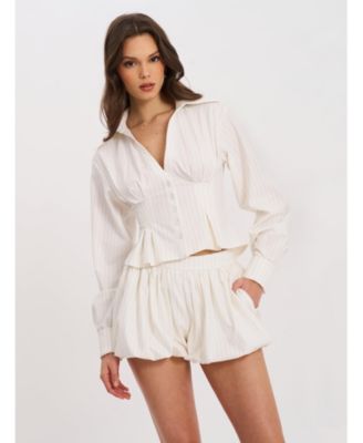  Sylvia Pinstripe Deep V Pleated Shirt