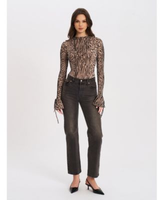  Ibera Animal Print Burnout Velvet Long Sleeve Bodysuit