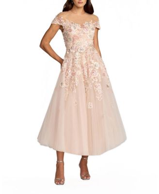 Embroidered Tulle Illusion Neck Cap Sleeve Dress