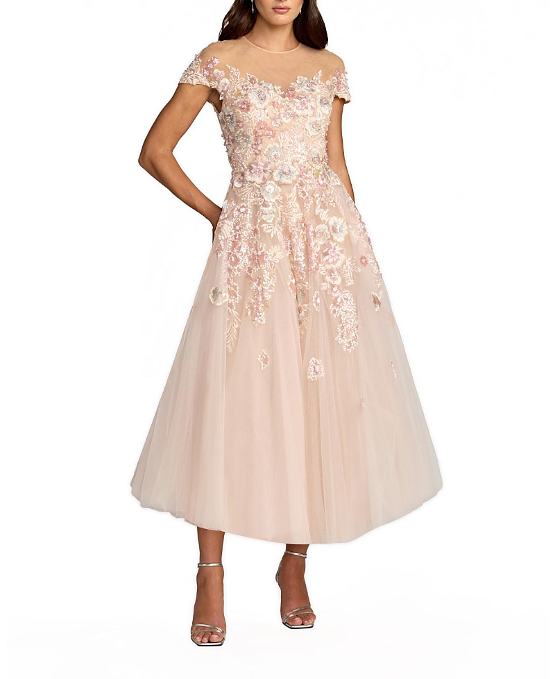 Mac Duggal Embroidered Tulle Illusion Neck Cap Sleeve Dress