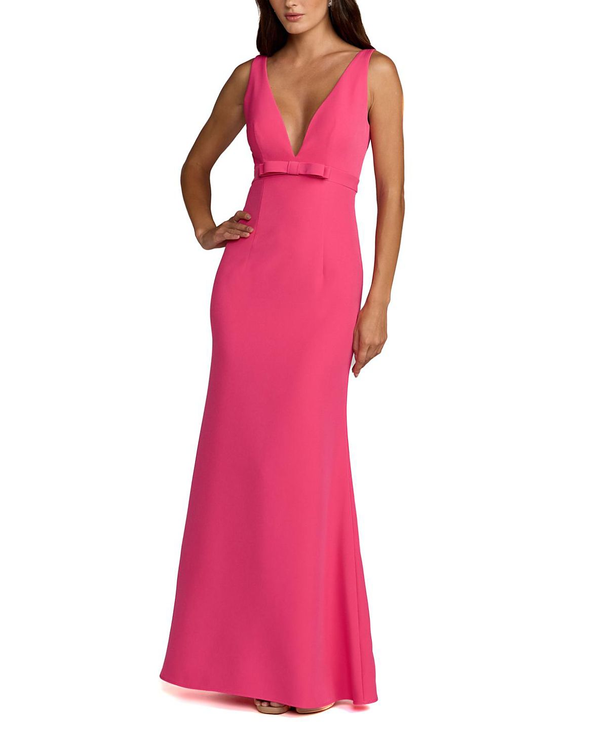 Mac Duggal Crepe Sleeveless V Neck Mermaid Gown with Bow