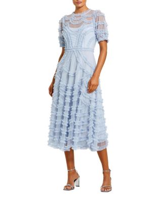  High Neck Short Sleeve Ruffled Midi Dress