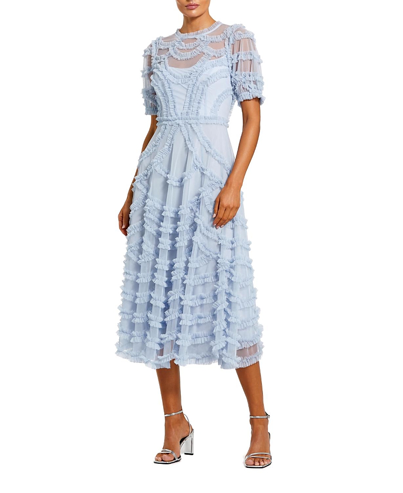 Mac Duggal High Neck Short Sleeve Ruffled Midi Dress