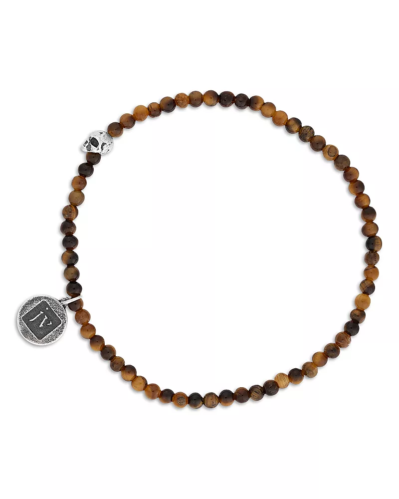 John Varvatos Men's Sterling Silver Tiger Eye Bead Skull Charm Bracelet