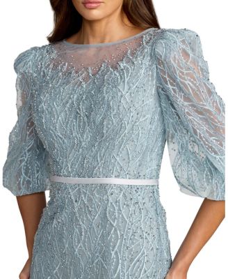  Embroidered Beaded Boat Neck Gown with Illusion Puff Sleeves