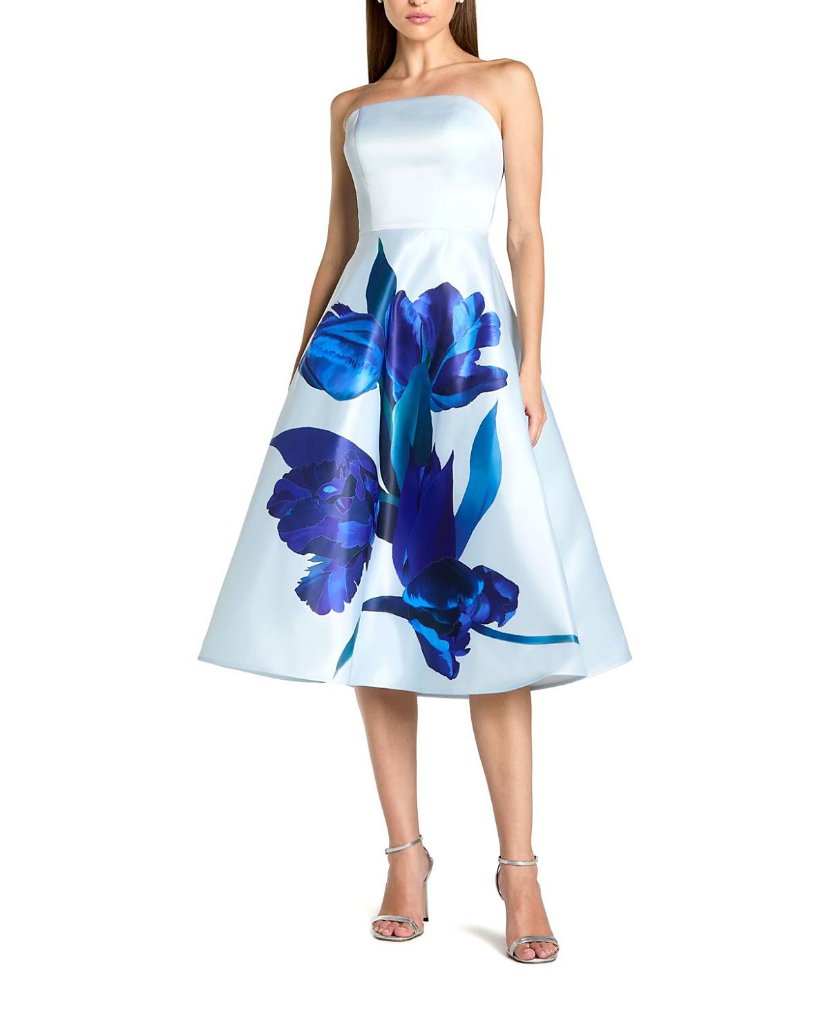 Mac Duggal Strapless Satin Midi Dress with Flower Print