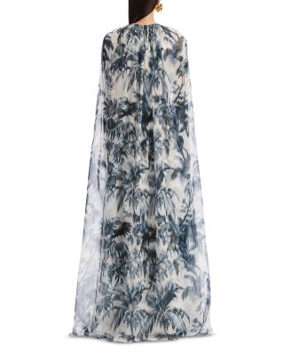 Draped Sleeve Large Chine Palm Leaves Silk Caftan Dress