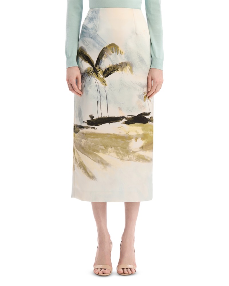 Oscar de la Renta Palm Tree Printed Satin Pencil Skirt in Blue Green Multi