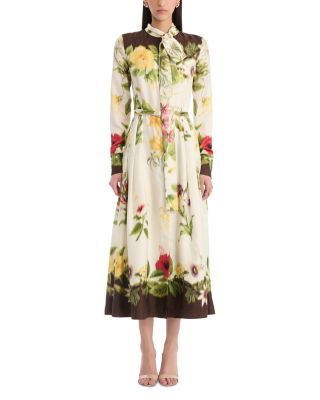 Oscar De La Renta Long Sleeve Tie Neck Multi Floral Silk Twill Print Dress