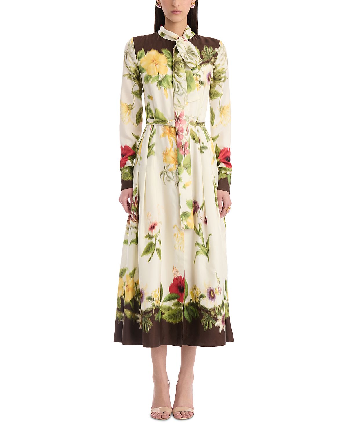 Oscar de la Renta Long Sleeve Tie Neck Multi Floral Silk Twill Print Dress