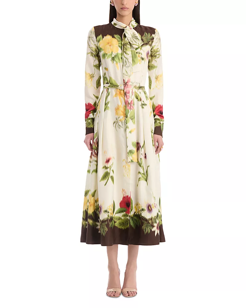 Oscar de la Renta Long Sleeve Tie Neck Multi Floral Silk Twill Print Dress