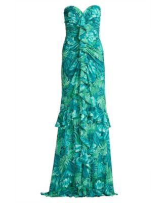  Cleta Foliage Print Cascading Ruffle Gown