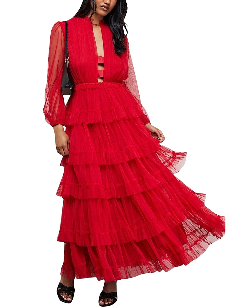 Warehouse Ruffle Neck Tulle Maxi Dress