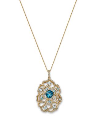Blue Topaz & Diamond Rose Silhouette Pendant Necklace in 14K Yellow Gold, 18"