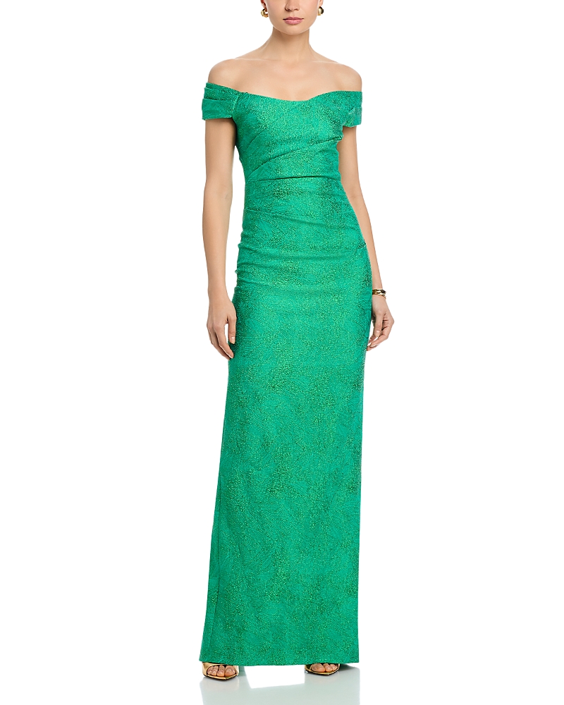 Teri Jon by Rickie Freeman Shimmer Jacquard Off Shoulder Ruched Gown