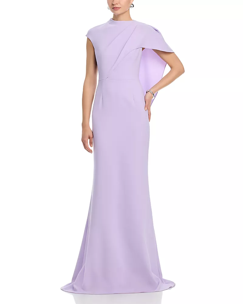 Teri Jon by Rickie Freeman Crepe Asymmetrical Side Drape Cape Gown