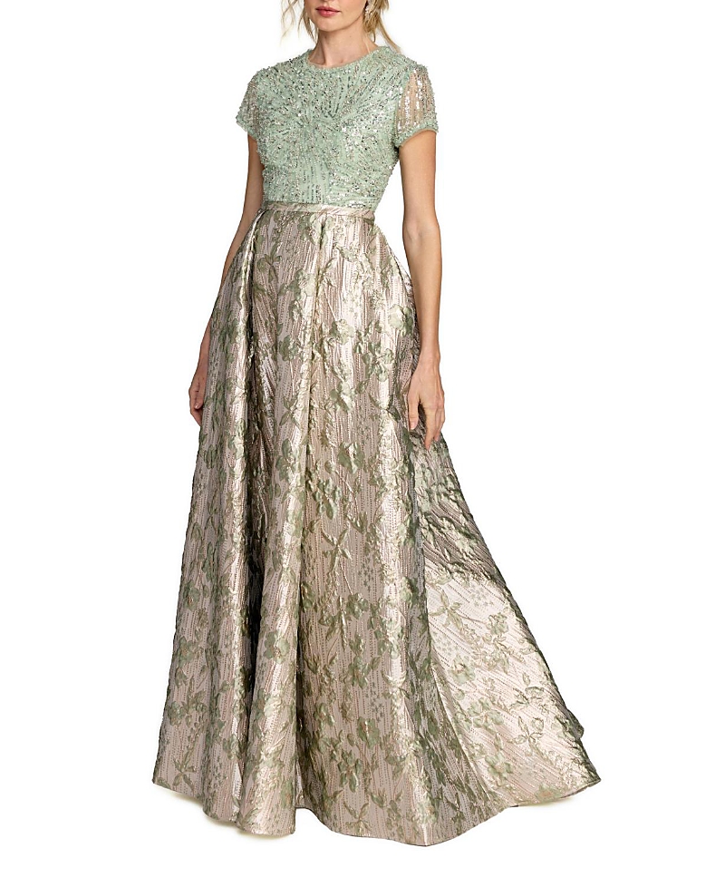 Mac Duggal Beaded Cap Sleeve Ball Gown with Metallic Brocade Skirt