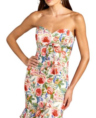 Strapless Floral Charmeuse Ruffle A Line Gown