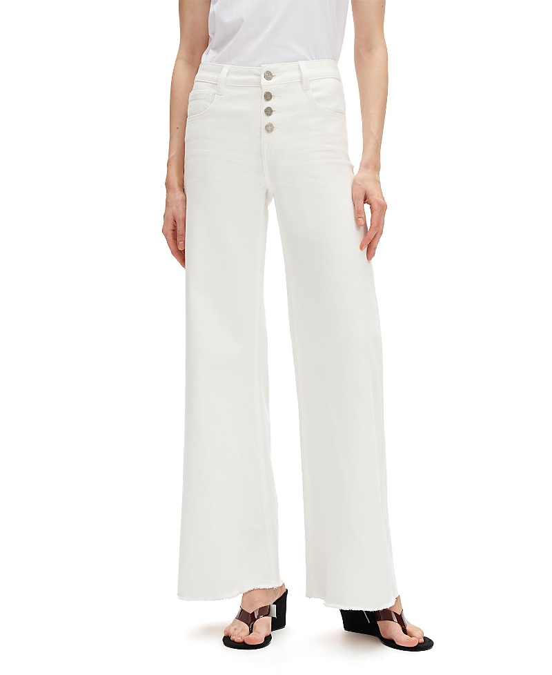 Bayeas Mid Rise Women's Wide Leg Denim Jeans Button Fly with Frayed Hem in White Wash