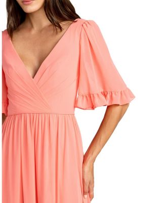  V-Neck Flutter Sleeve Chiffon Faux Wrap Maxi Gown