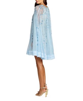  Hand-Beaded Lace Trapeze Mini Dress with Sheer Cape Sleeves
