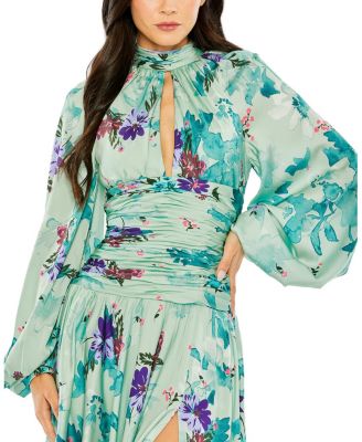  Keyhole Satin Long Sleeve Floral Gown