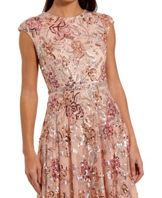 Sequined High Neck Cap Sleeve A Line Gown