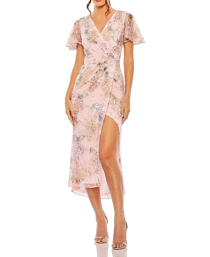 Mac Duggal Embellished Floral Flutter Sleeve Midi Dress