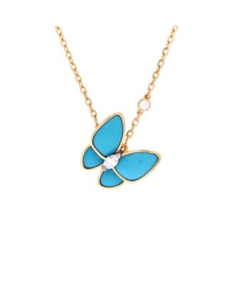  Two Butterfly Pendant Necklace 18K Gold with Turquoise and Diamonds, 16.5"