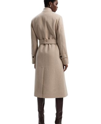 Wool Wrap Neck Tailored Belted Midi Coat