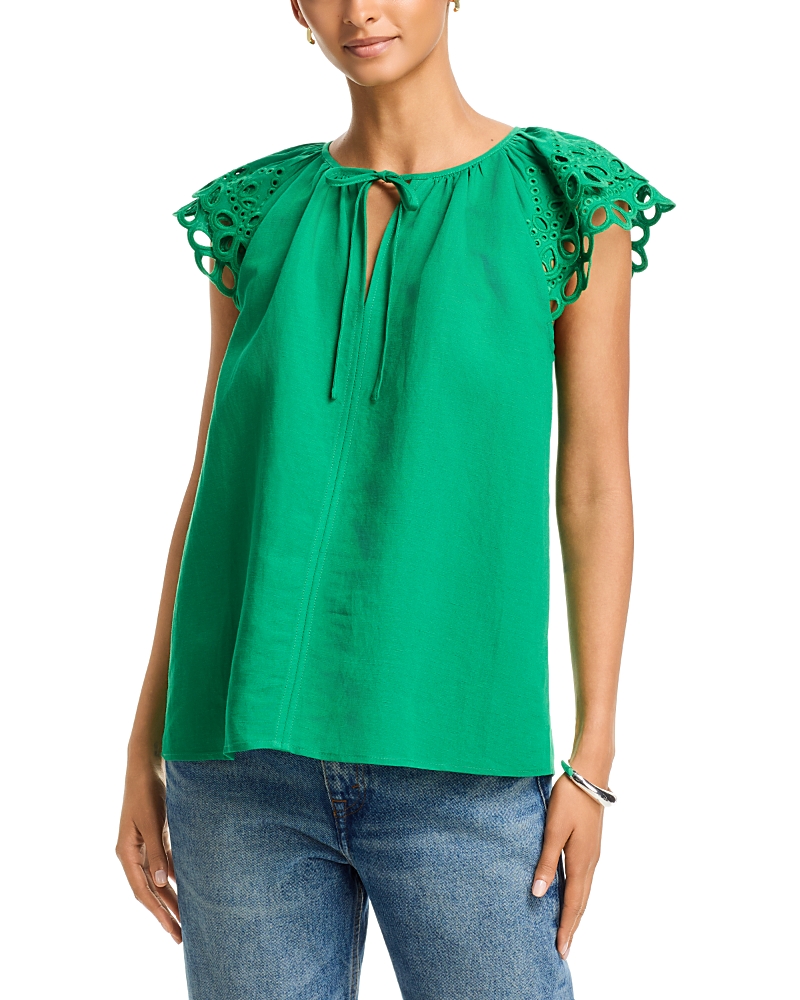 T Tahari Embroidered Puff Sleeve Split Neck Blouse