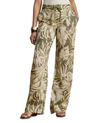 Petite Palm Frond Print Linen Wide Leg Pant