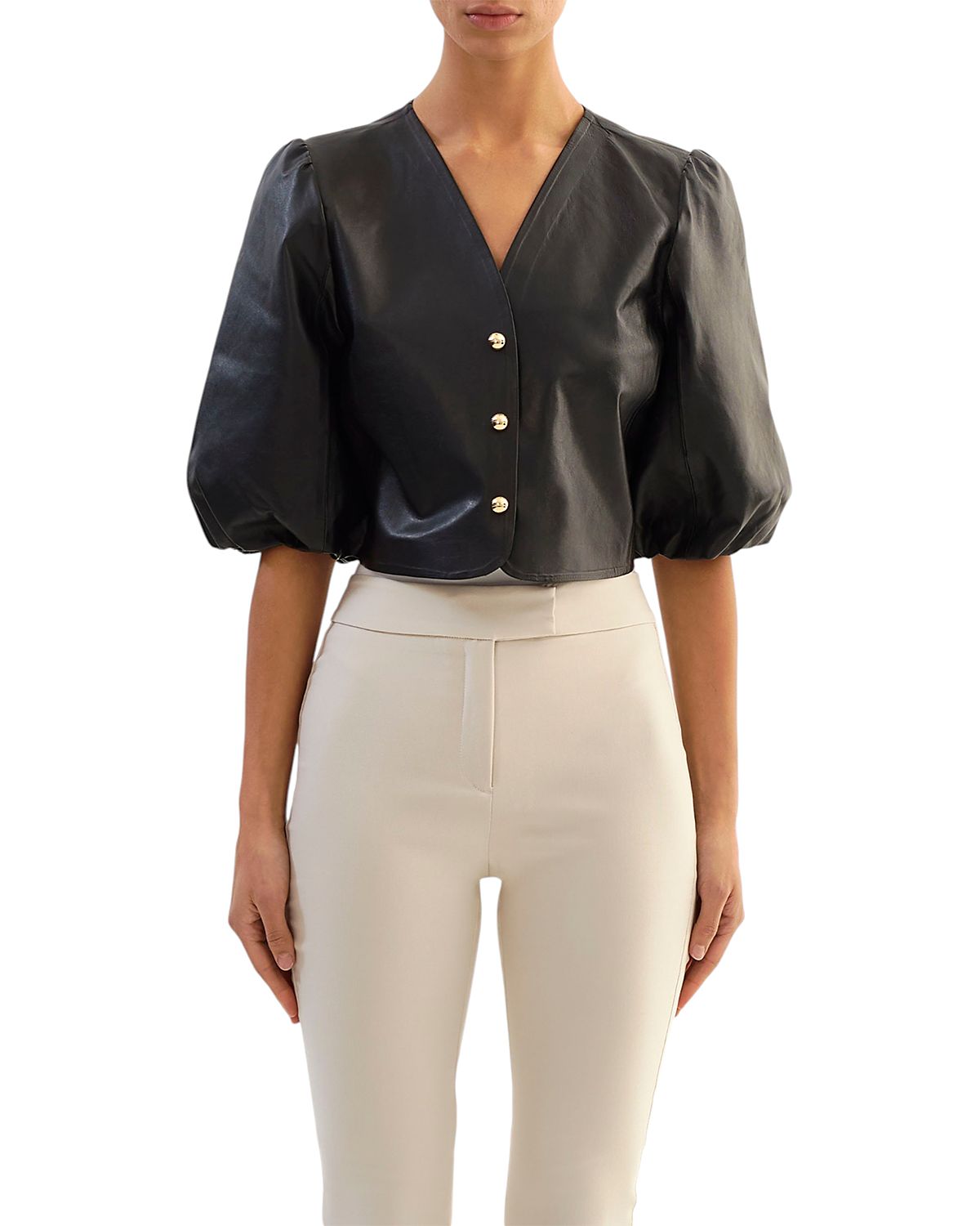 Lamarque Franka Leather Balloon Sleeve Blouse
