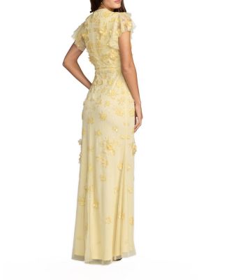 Floral Embellished High Neck Flutter Sleeve Gown